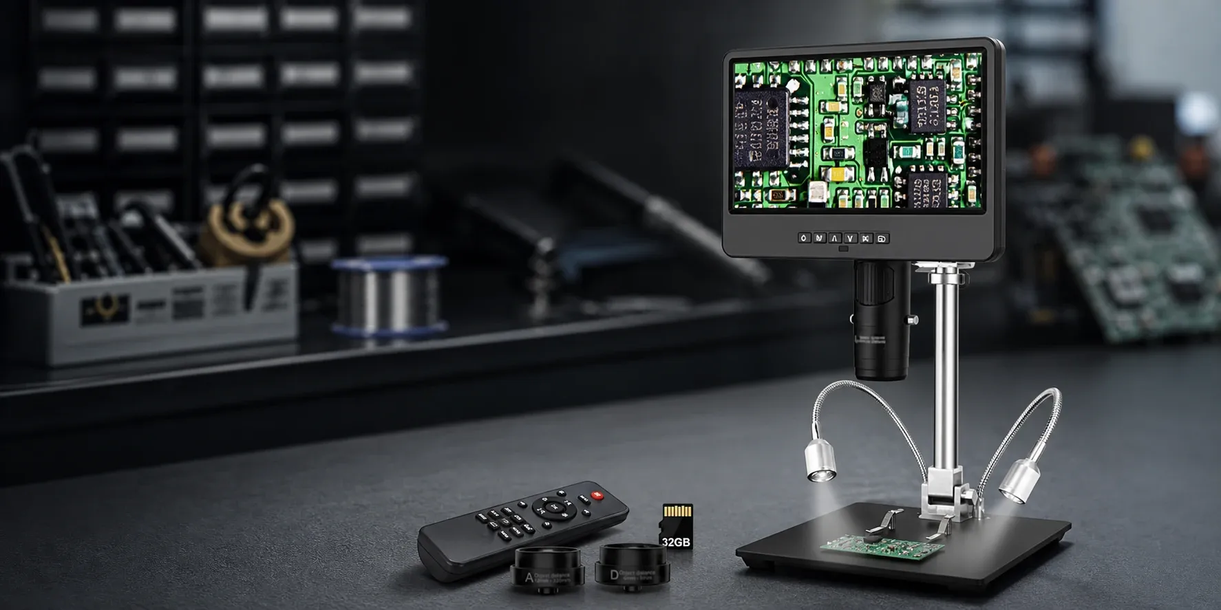 Professional HDMI digital microscope for electronics inspection on a dark workshop bench, with a large screen showing a magnified circuit board, adjustable stand, LED task lights, remote control, extra lenses, and 32GB memory card included.