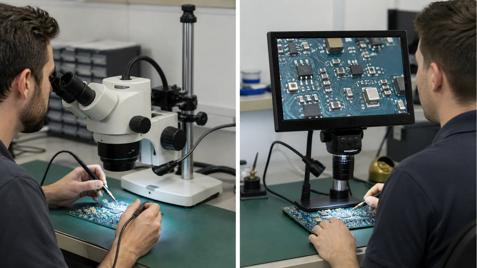 Side-by-side stereo eyepiece microscope and digital screen microscope for SMD soldering