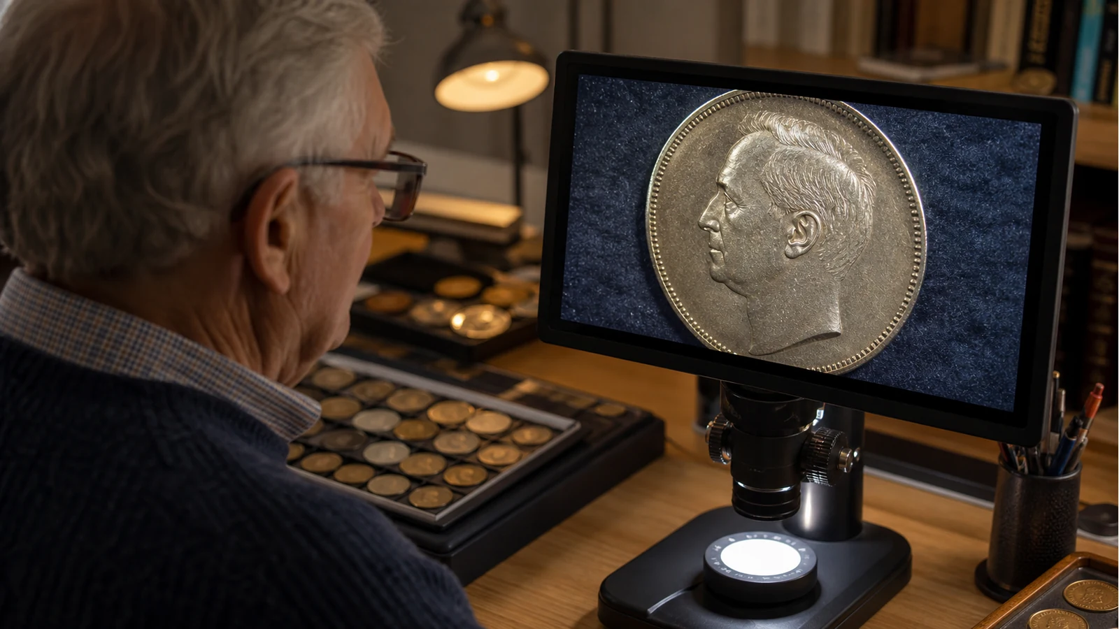 Large-screen digital microscope showing a full UK 50p coin for error inspection