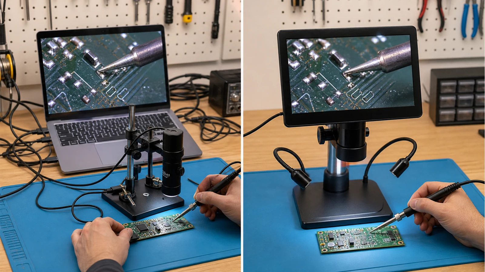 Comparison of USB laptop microscope setup versus HDMI screen microscope during PCB soldering