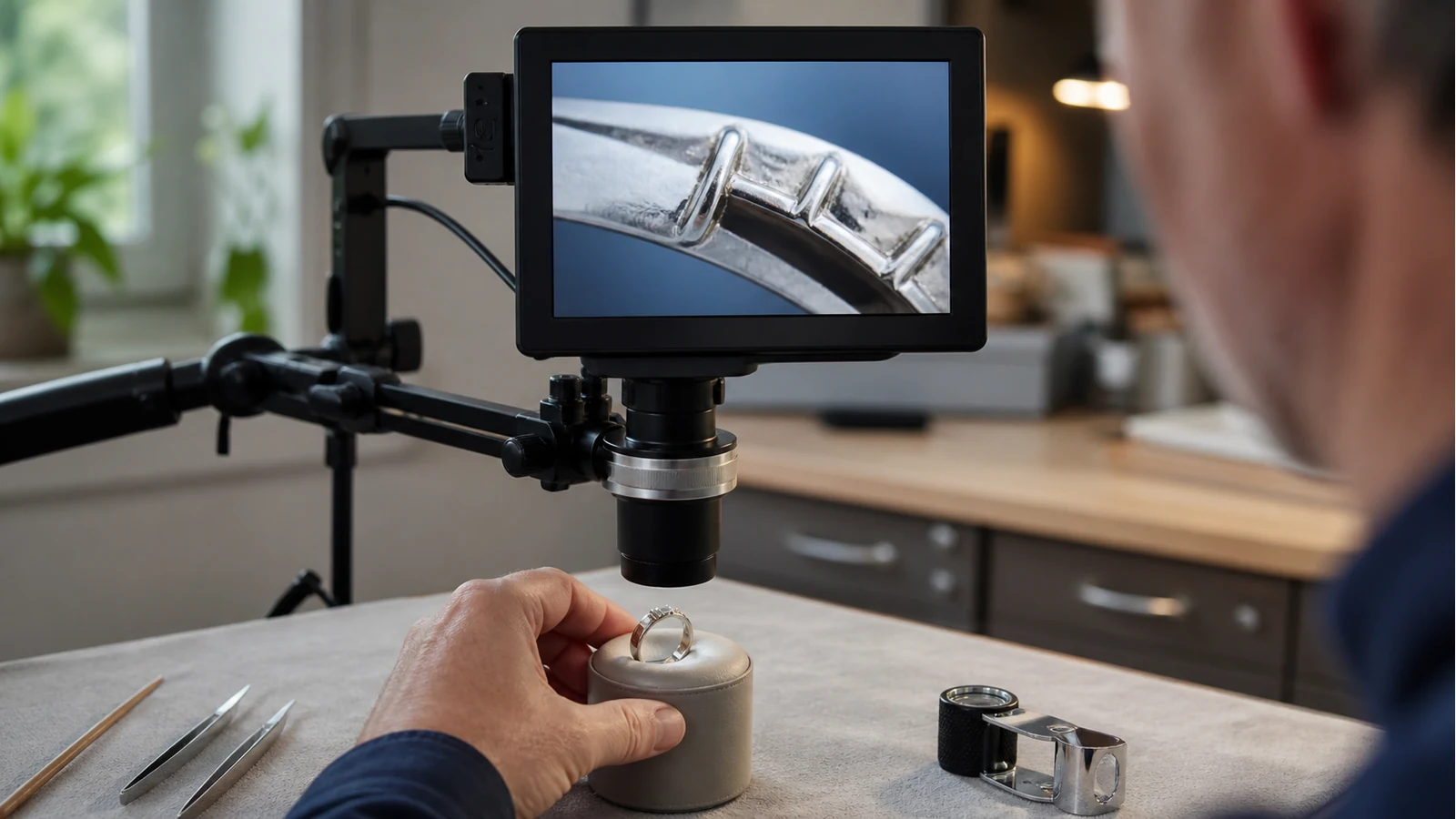 Digital microscope with screen inspecting a jewellery hallmark on a UK workbench