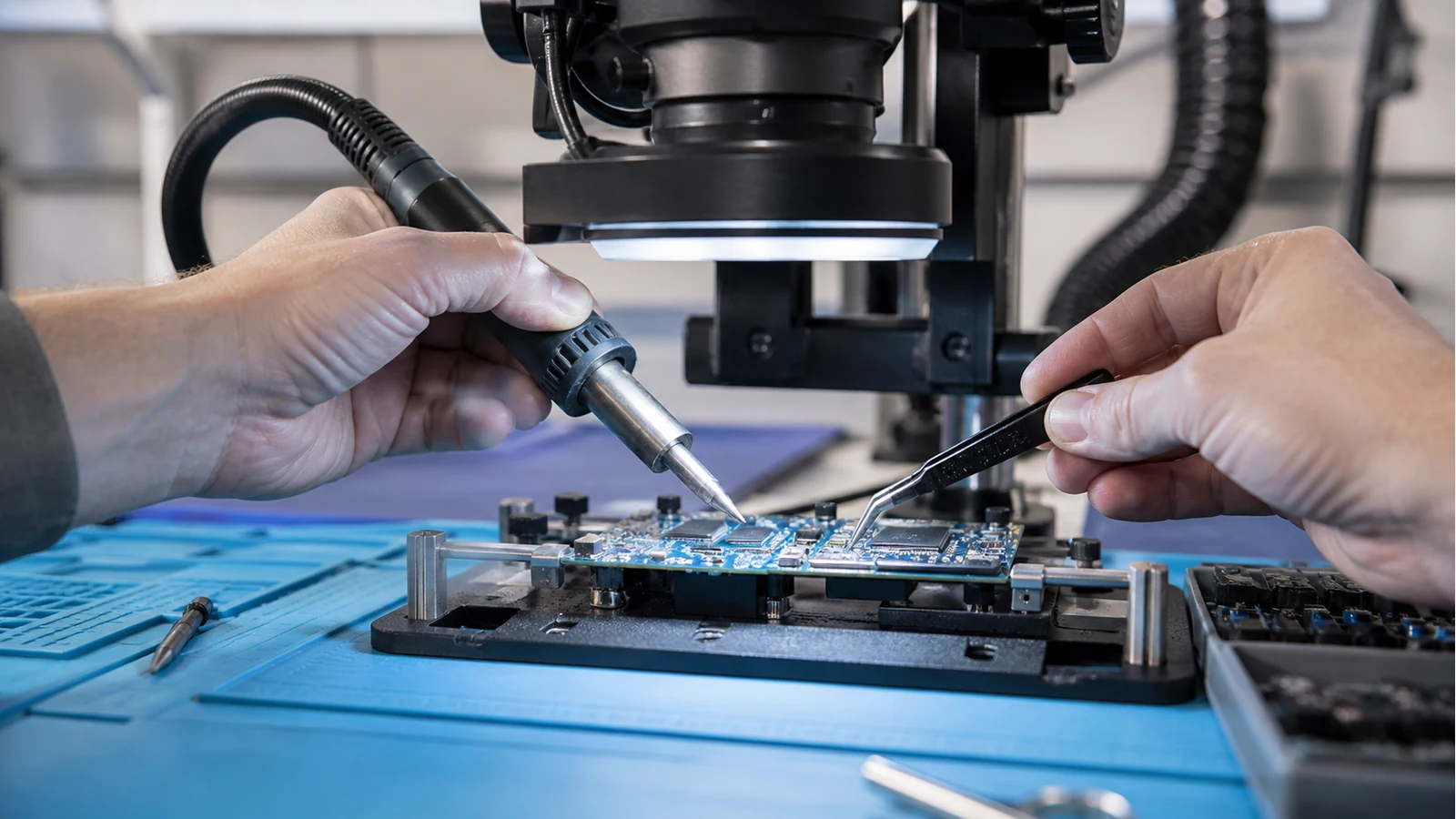 Hot air rework tools fitting under a boom-arm digital microscope lens